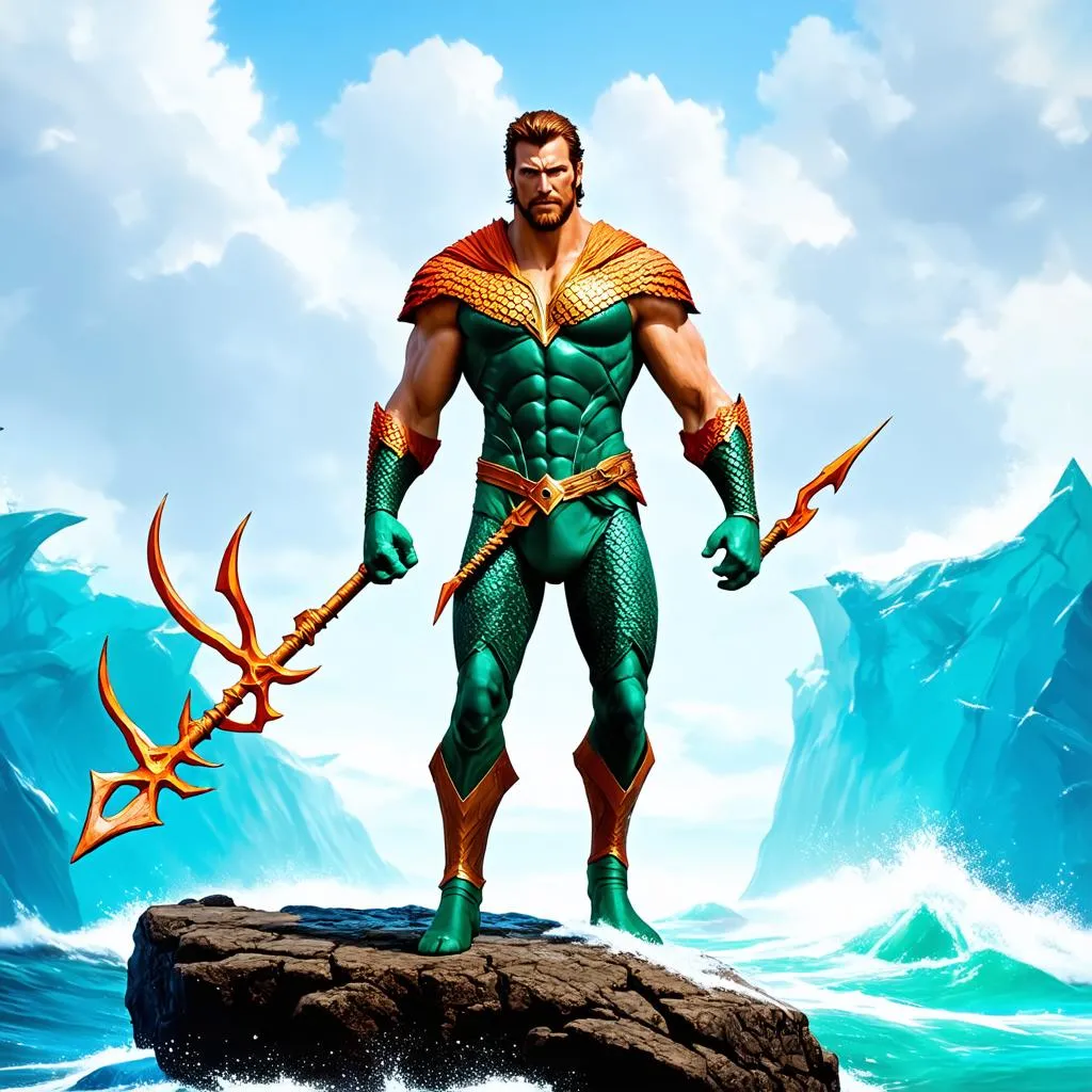 Aquaman đứng trên đá