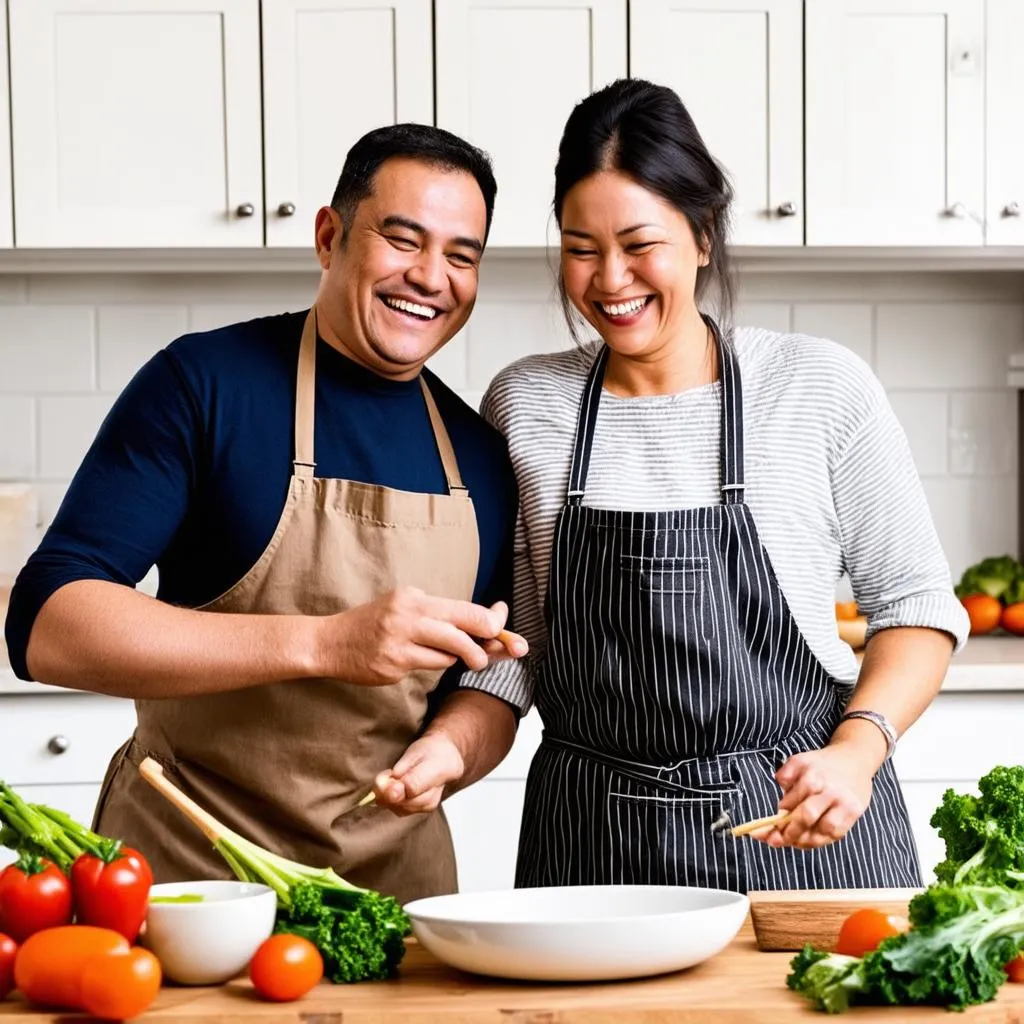 Couple cooking together in the kitchen