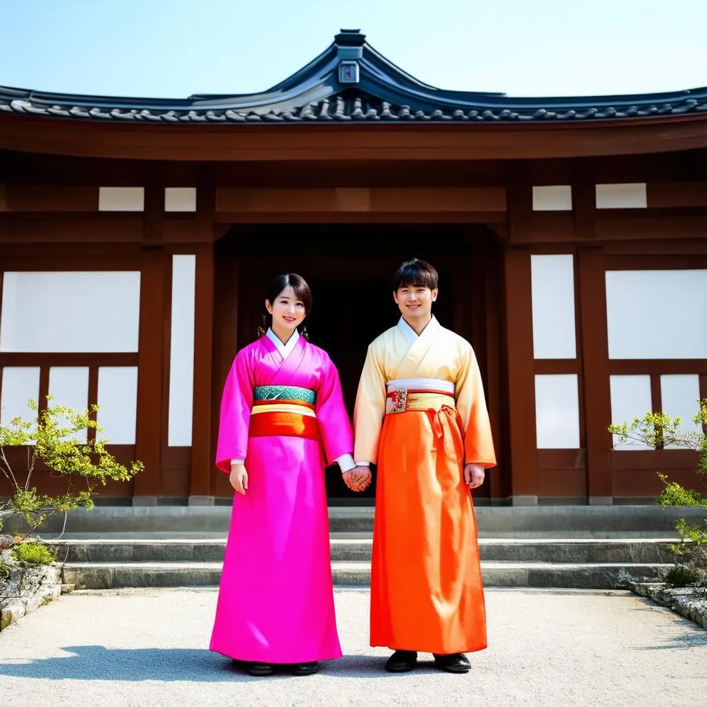 A couple in colorful Hanbok, standing in front of a traditional Korean house