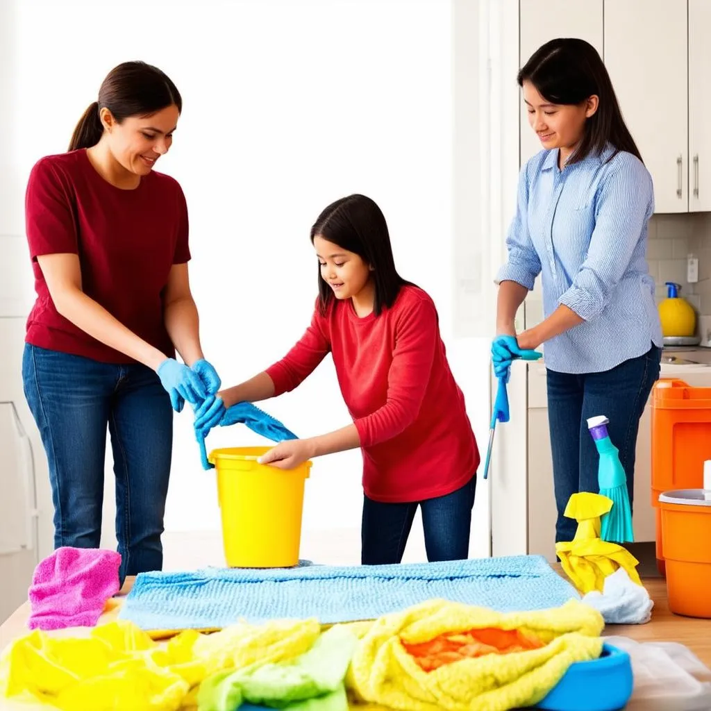 Family members working together to clean the house