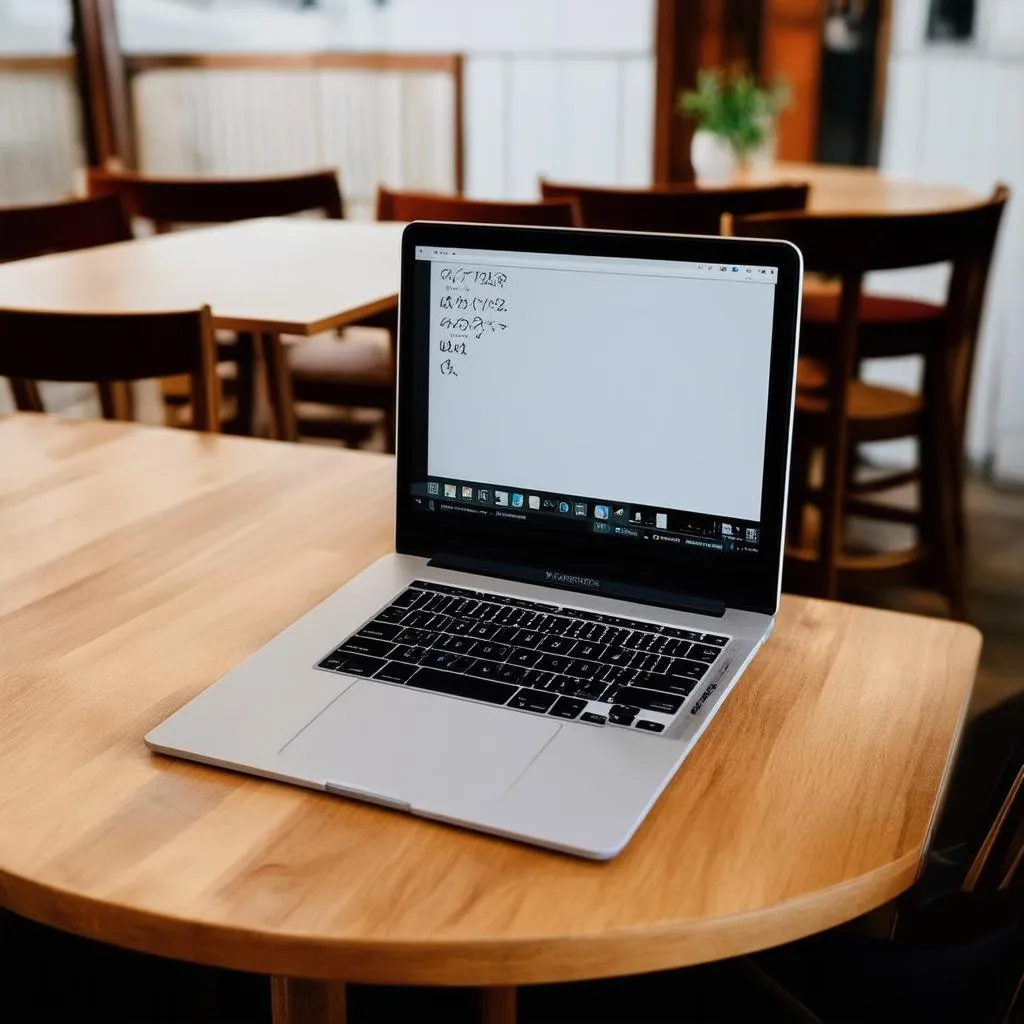 Chiếc laptop mỏng nhẹ trên bàn cafe