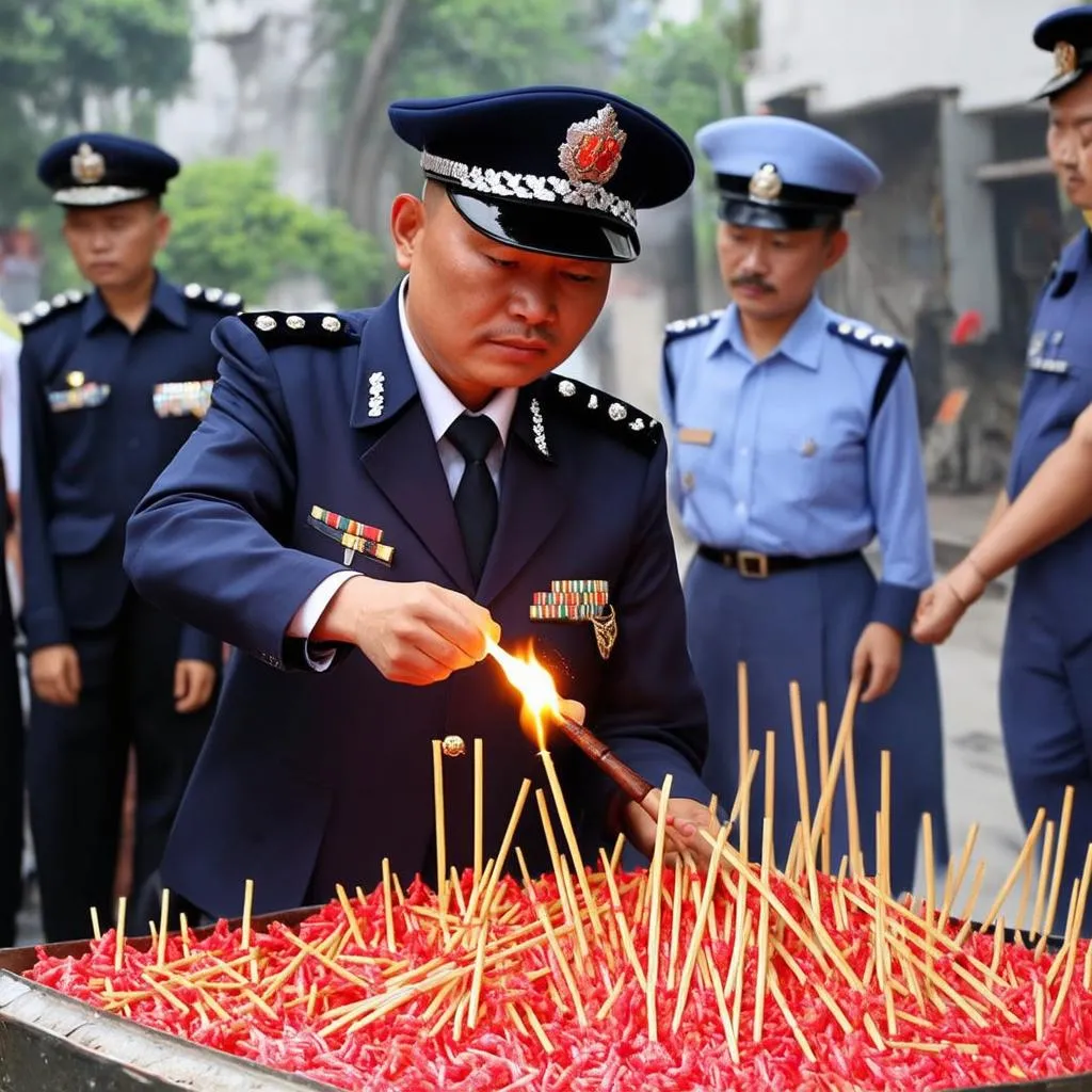 Chiến sĩ công an thắp nhang