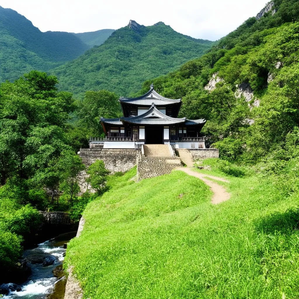 Ancient temple amidst mountains