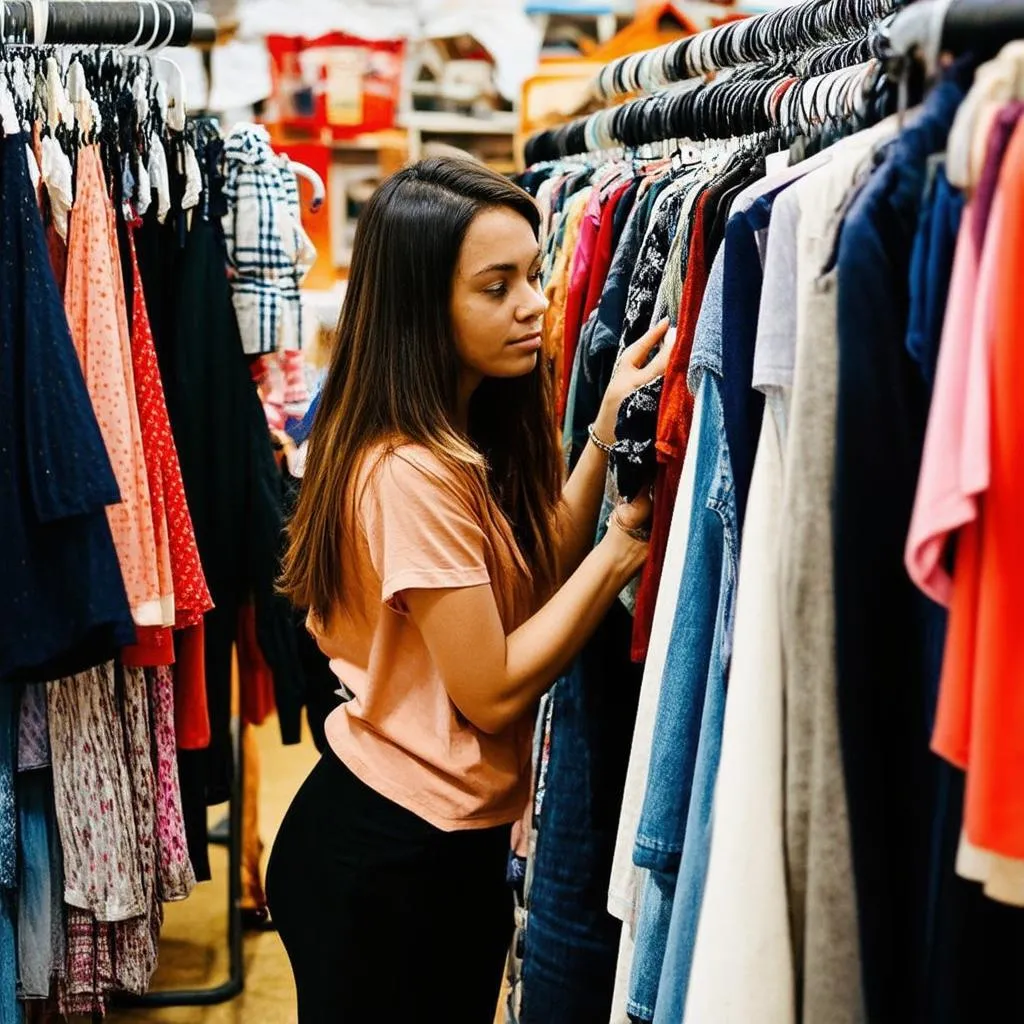 Cô gái đang chọn mua quần áo tại shop đồ secondhand