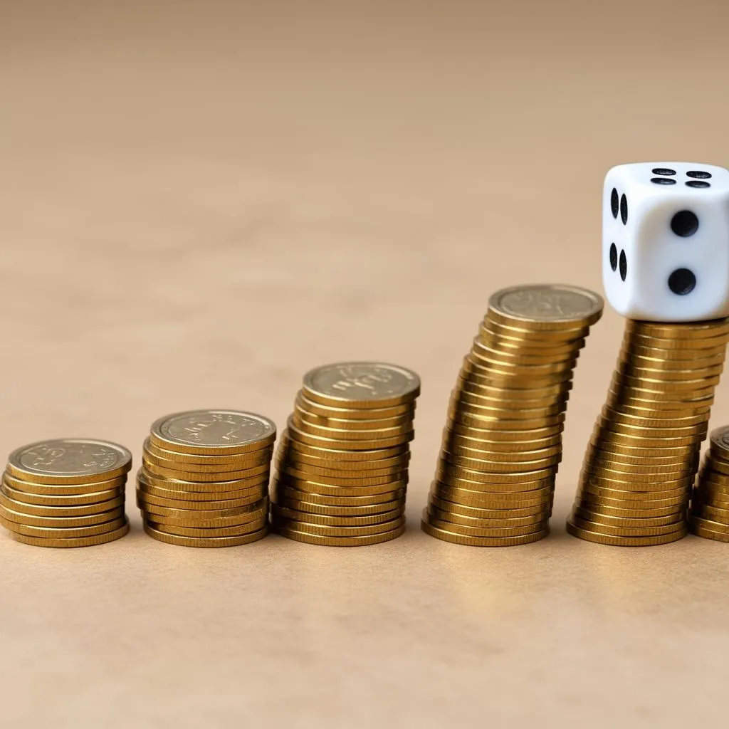 Investment opportunity and risk concept with coin stack and dice