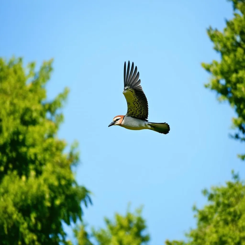 Birds flying over trees