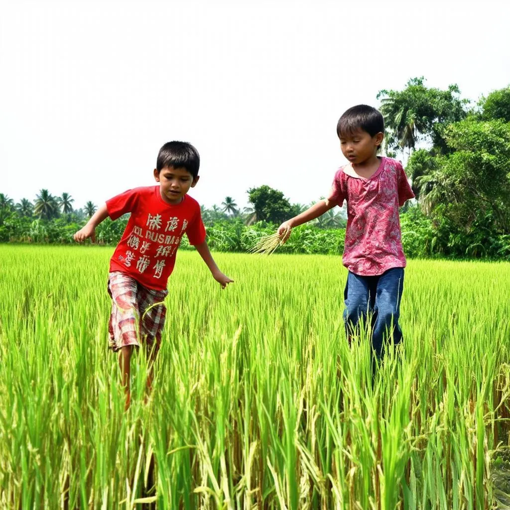 Trẻ em chơi đùa đồng lúa chín