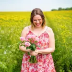 A woman happily arranging a bouquet of pink roses.