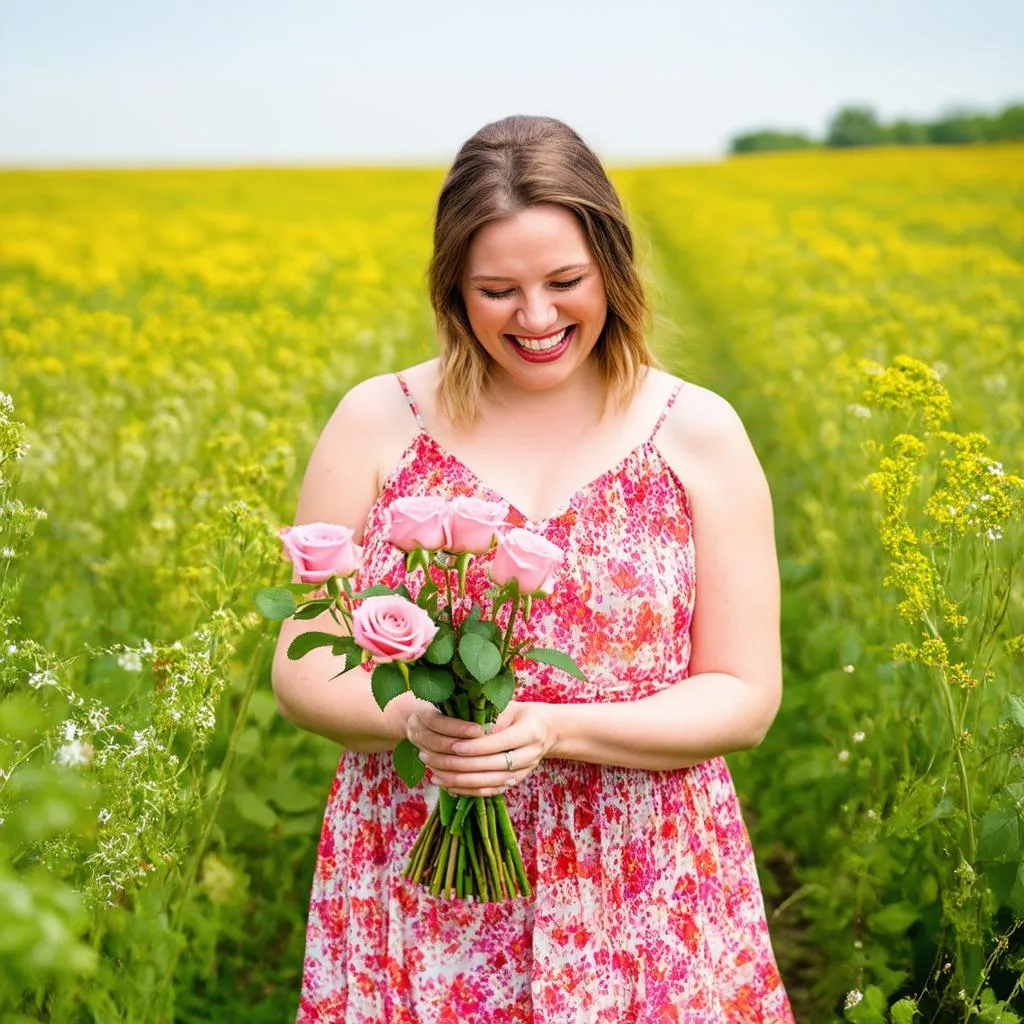 A woman happily arranging a bouquet of pink roses.