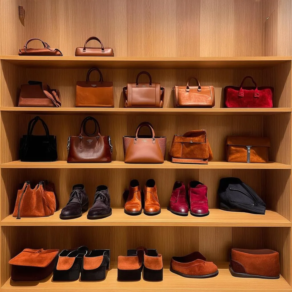 Various suede leather products displayed on a wooden shelf