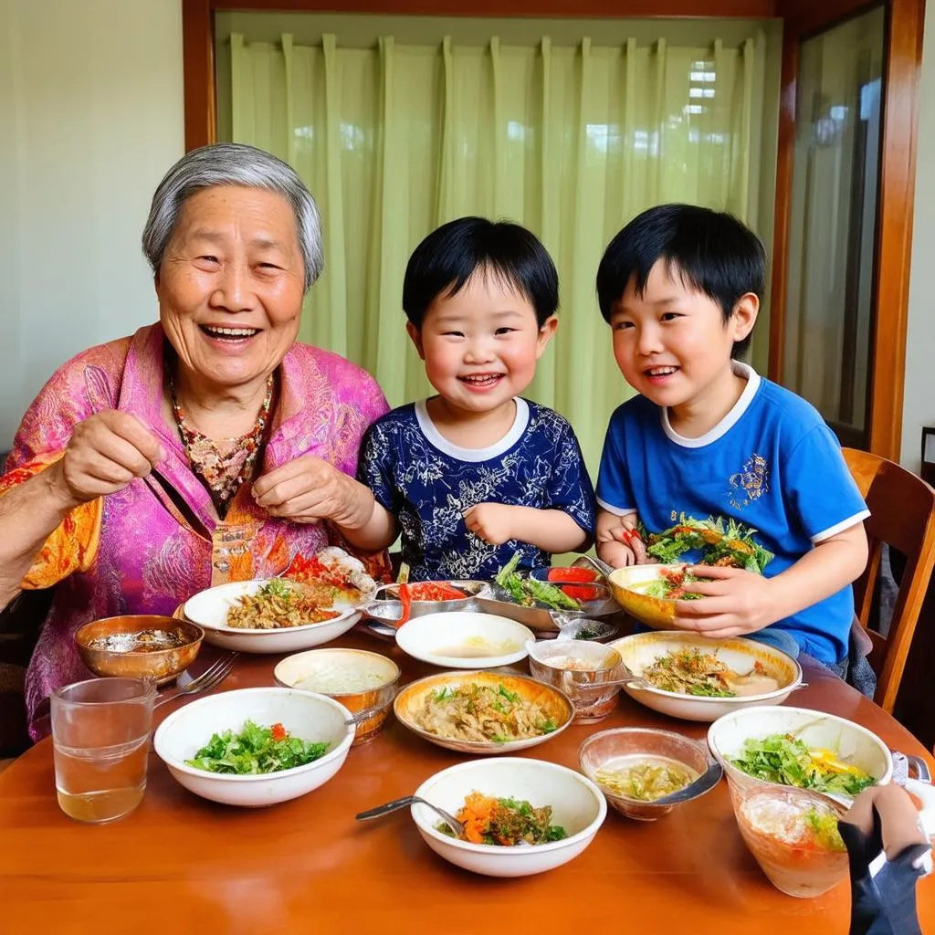 Gia đình ba thế hệ quây quần bên mâm cơm