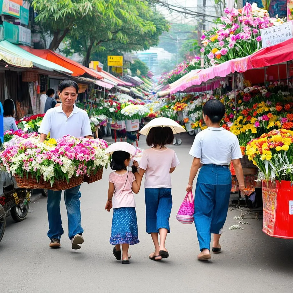 Gia đình đi chợ hoa xuân