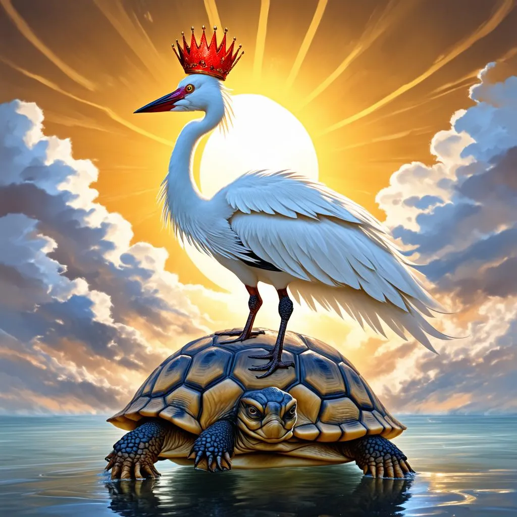 A crane standing on the back of a turtle, with a background of clouds and sun rays