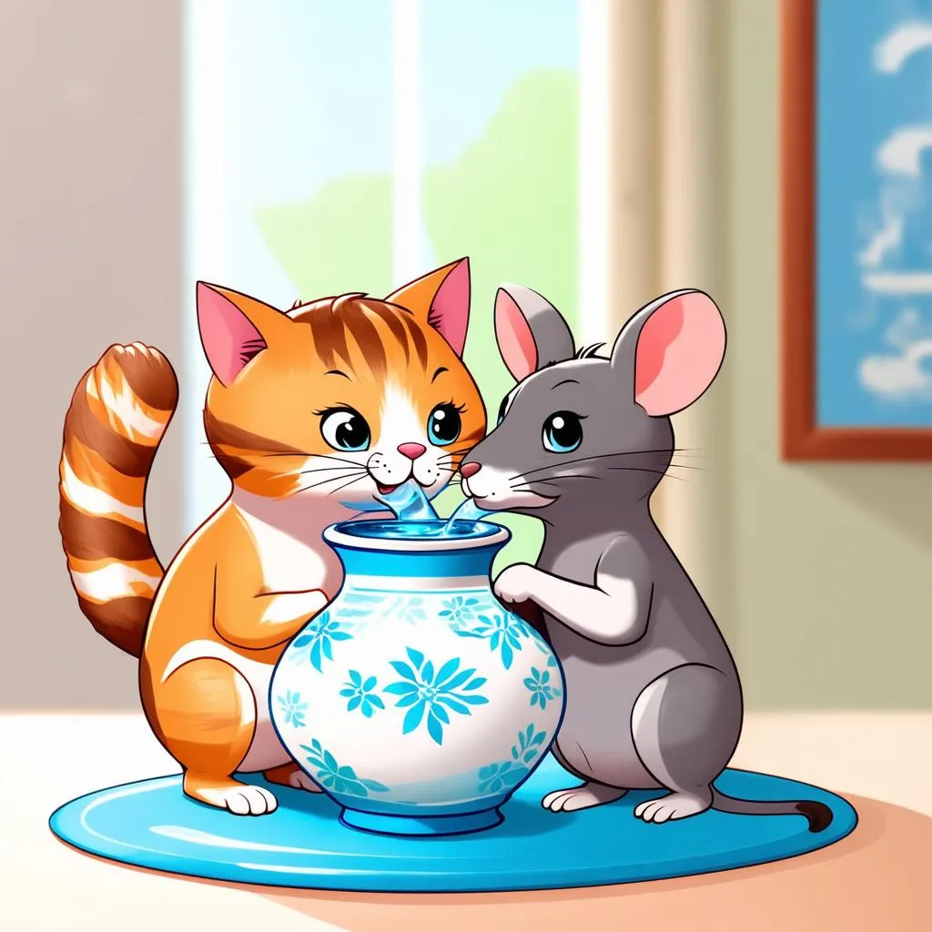 cat and rat drinking water from a vase