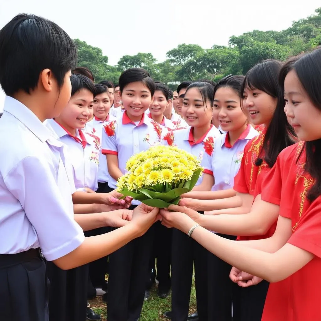 Học sinh tặng hoa cho cô giáo