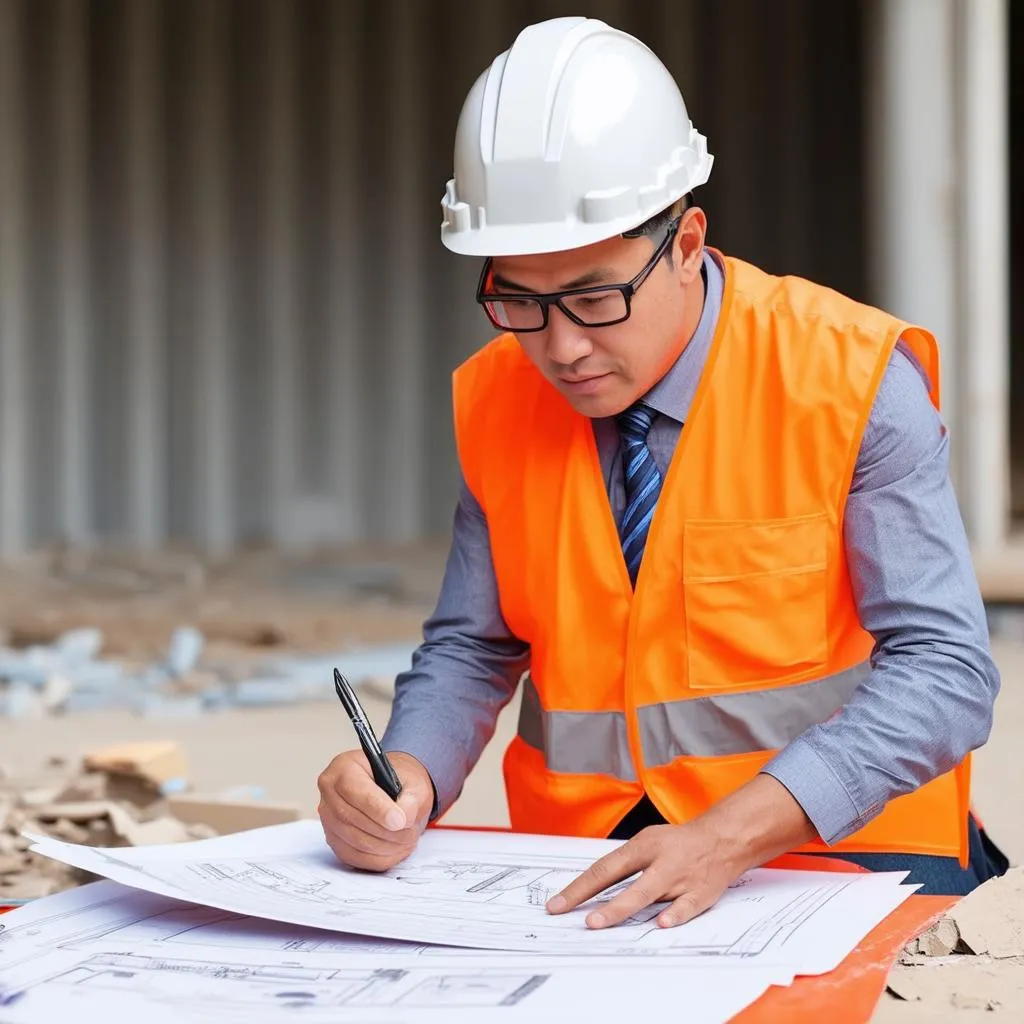 Architect reviewing blueprints