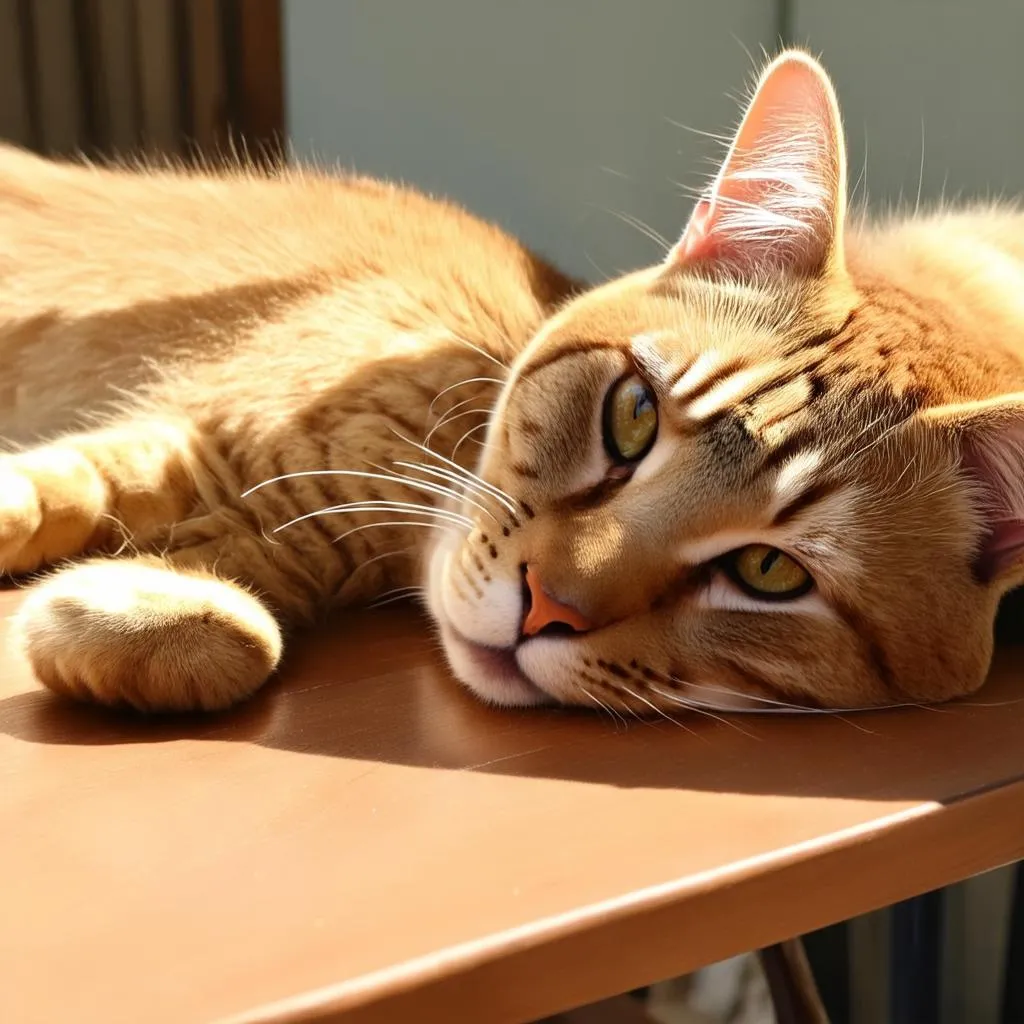 Golden cat lying on the table