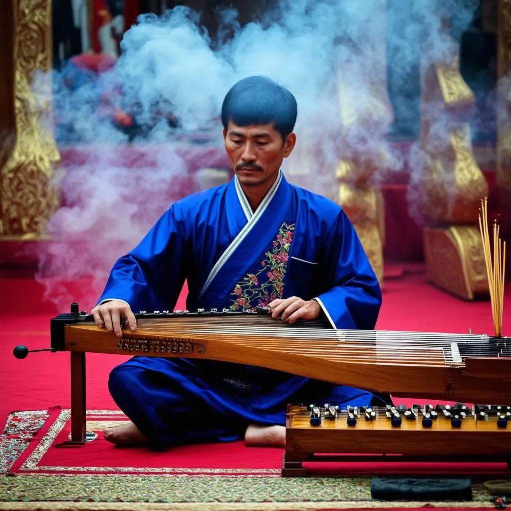 Một người đàn ông đang ngồi chơi đàn độc huyền trong không gian linh thiêng