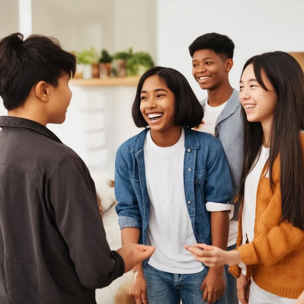 a group of young friends chatting happily