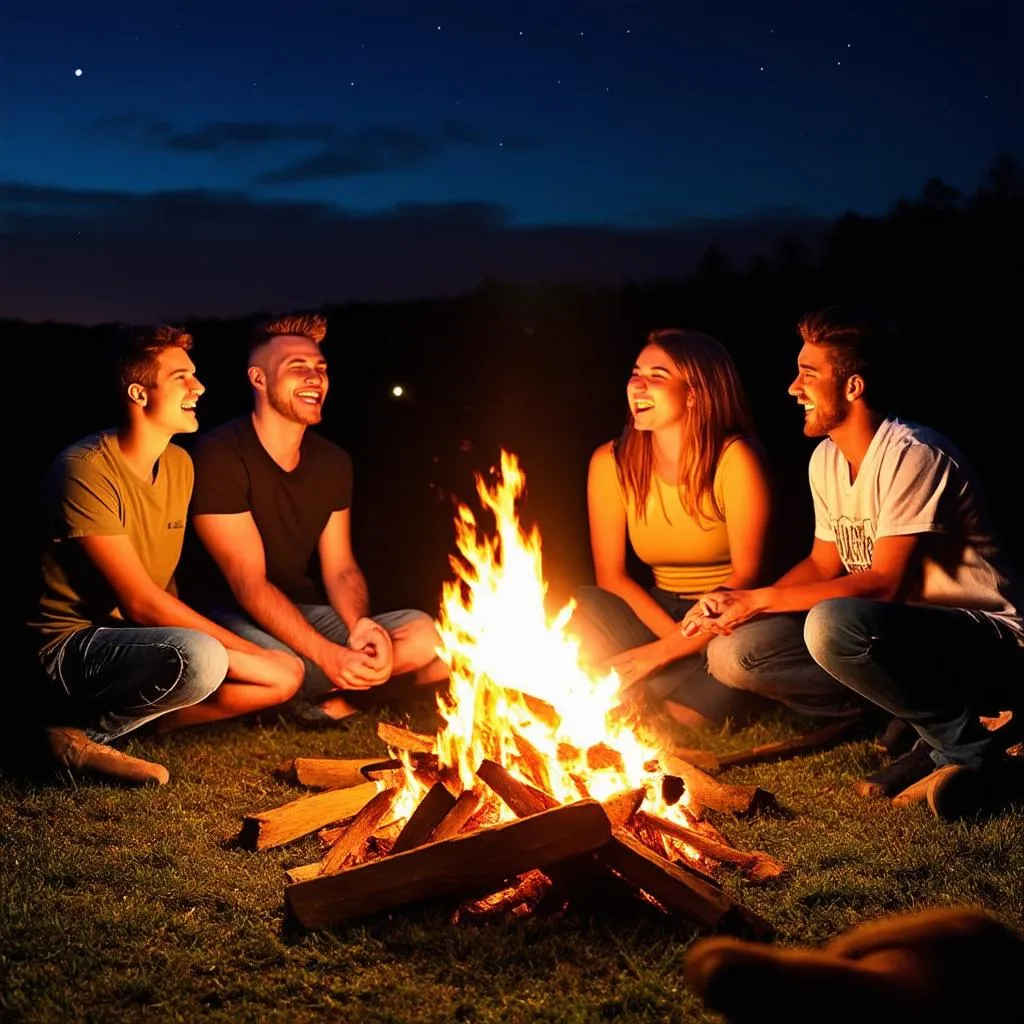 A group of people sitting around a campfire talking and laughing.