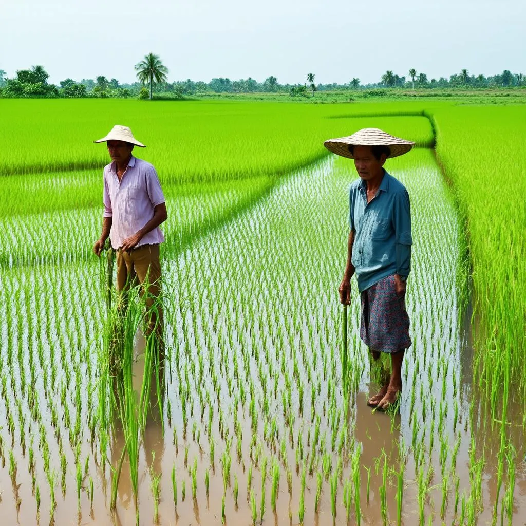 Người nông dân làm việc trên cánh đồng lúa