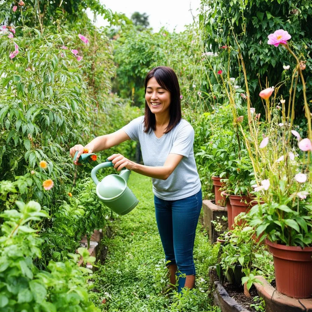 Người phụ nữ chăm sóc cây