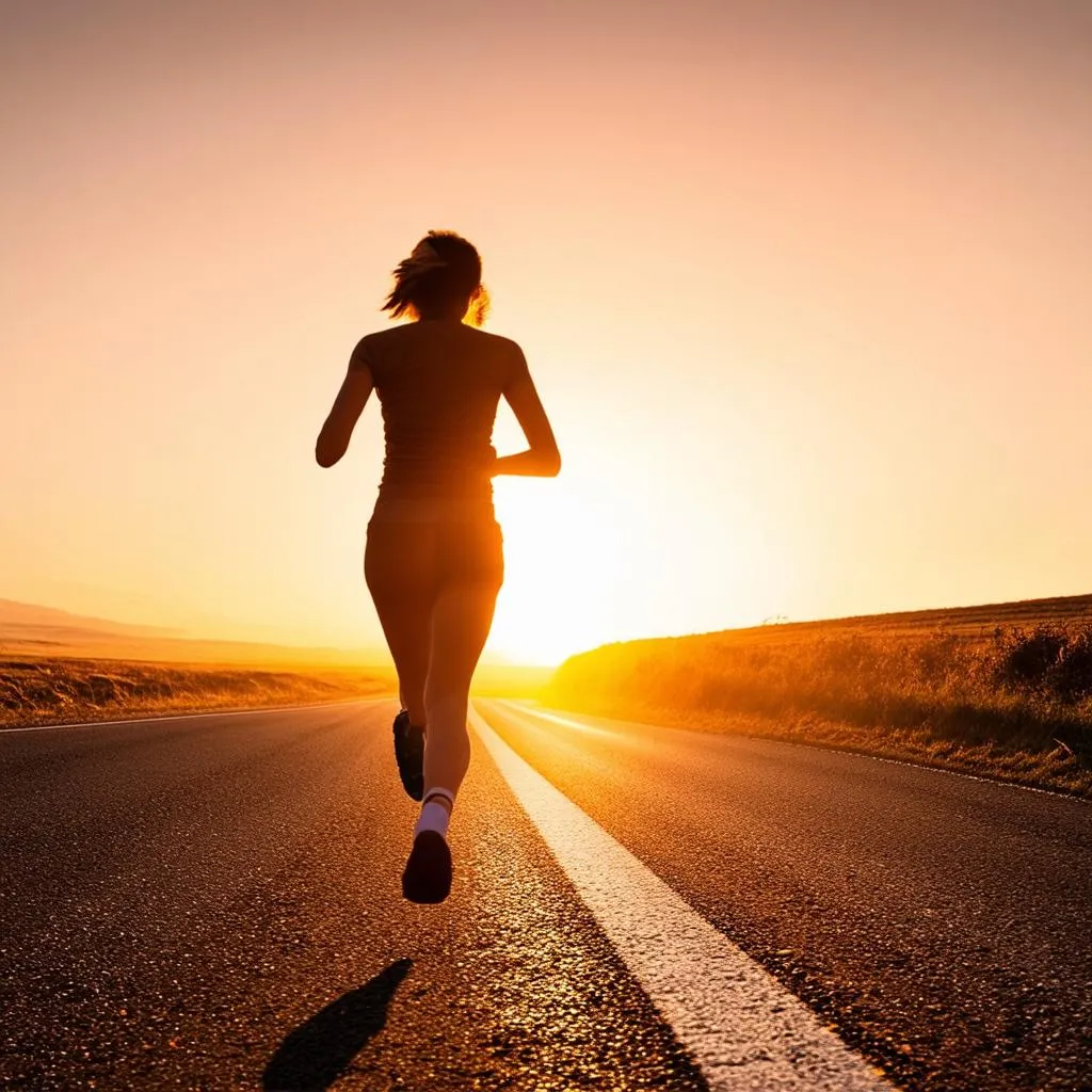 Woman running on a challenging road with a sunset