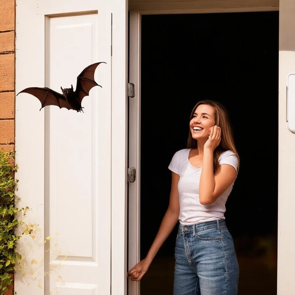 Woman smiling as a bat flies out of the house