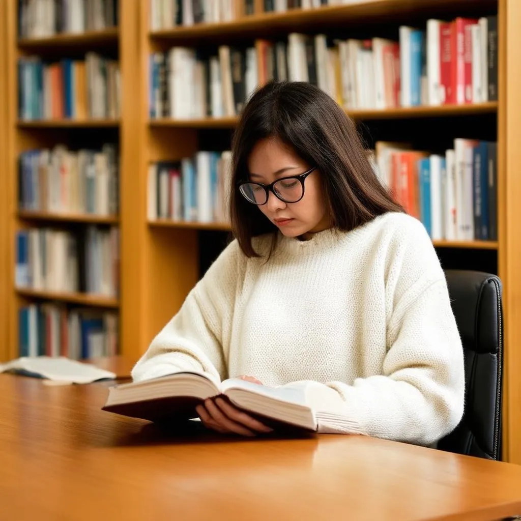 woman-reading-book-in-library