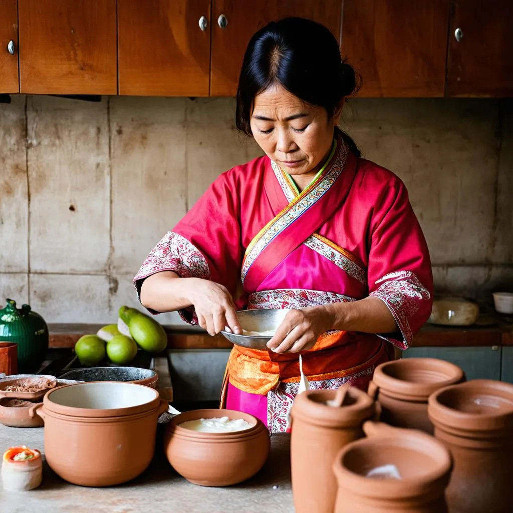 người phụ nữ đang làm sữa chua