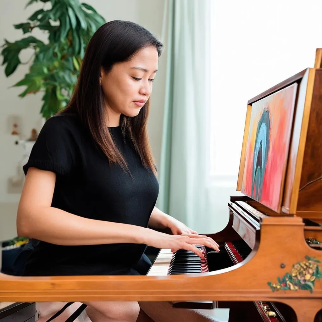 Người phụ nữ vừa chơi đàn piano vừa vẽ