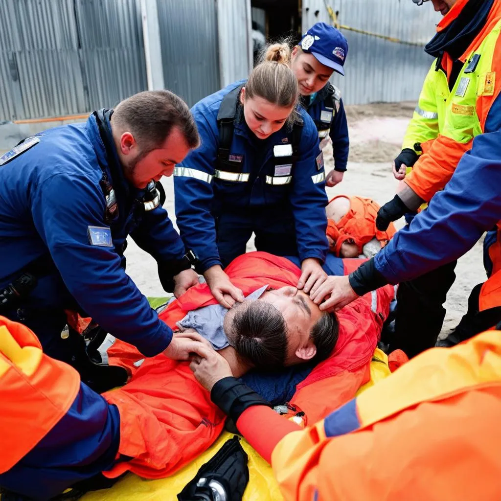 Rescue workers giving first aid