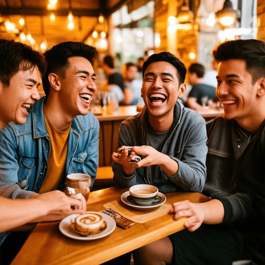 Nhóm bạn trẻ đang cười nói vui vẻ trong quán cafe