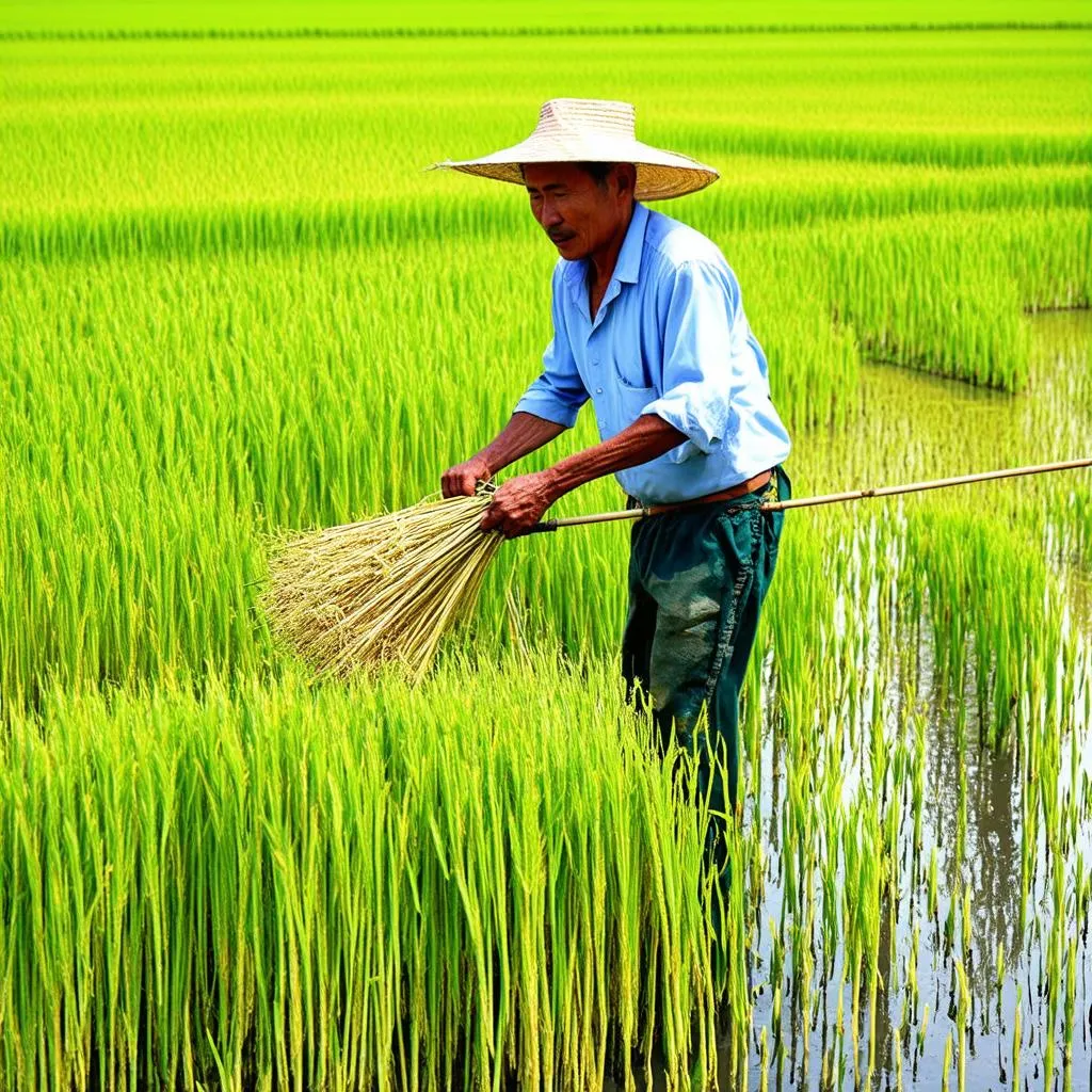 nông dân thu hoạch lúa chín