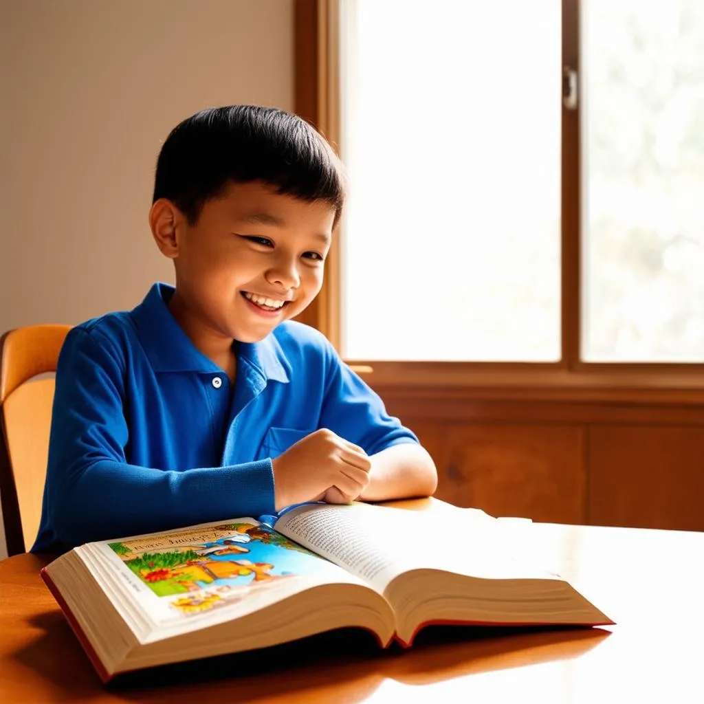 A boy smiling at a book