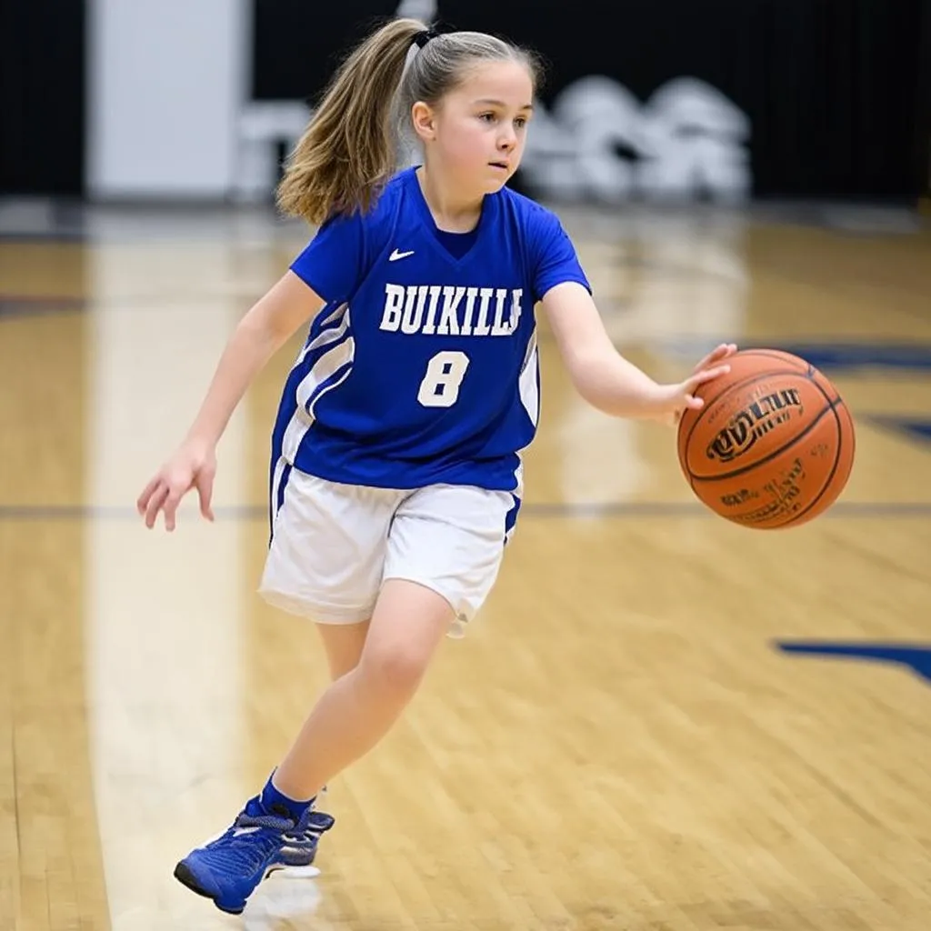 A girl playing basketball