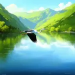 A painting of a crane flying over a lake