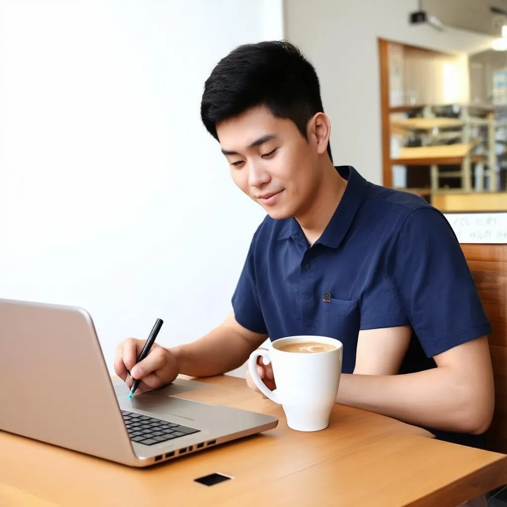 Vietnamese writer working on laptop