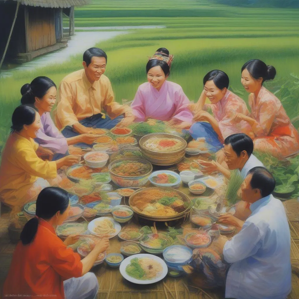 A group of people enjoying a Vietnamese feast