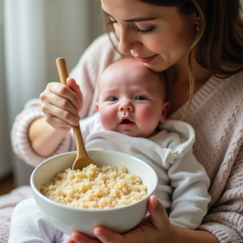 Bà mẹ sau sinh đang ăn cháo để sữa nhanh về