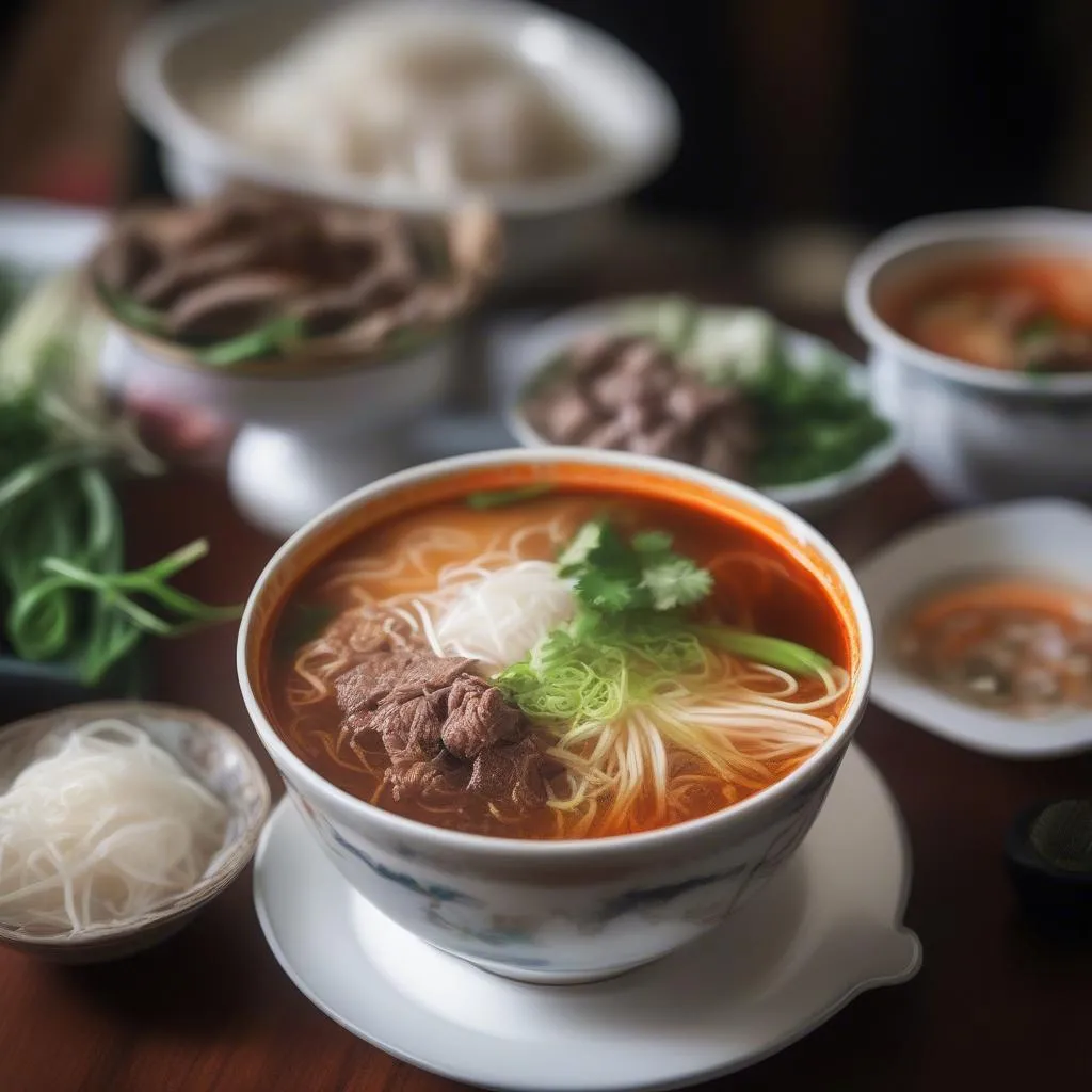 A steaming bowl of Bun Bo Hue, Bun bo hue dam da