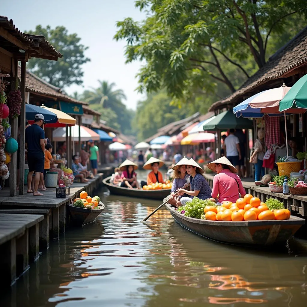 Du khách tham quan và mua bán trên chợ nổi Cái Răng