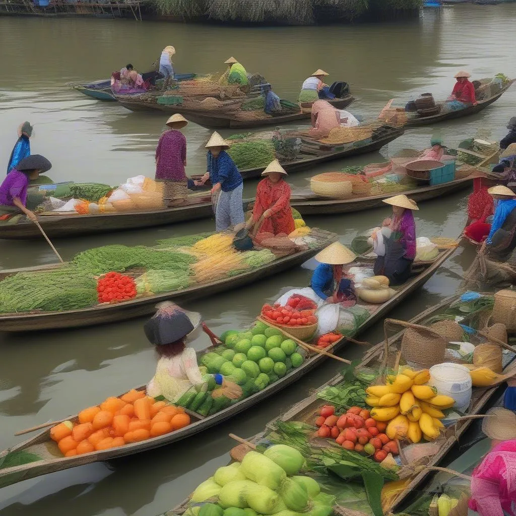 Chợ nổi Ngã Bảy Phụng Hiệp tấp nập ghe thuyền, Kiên Giang