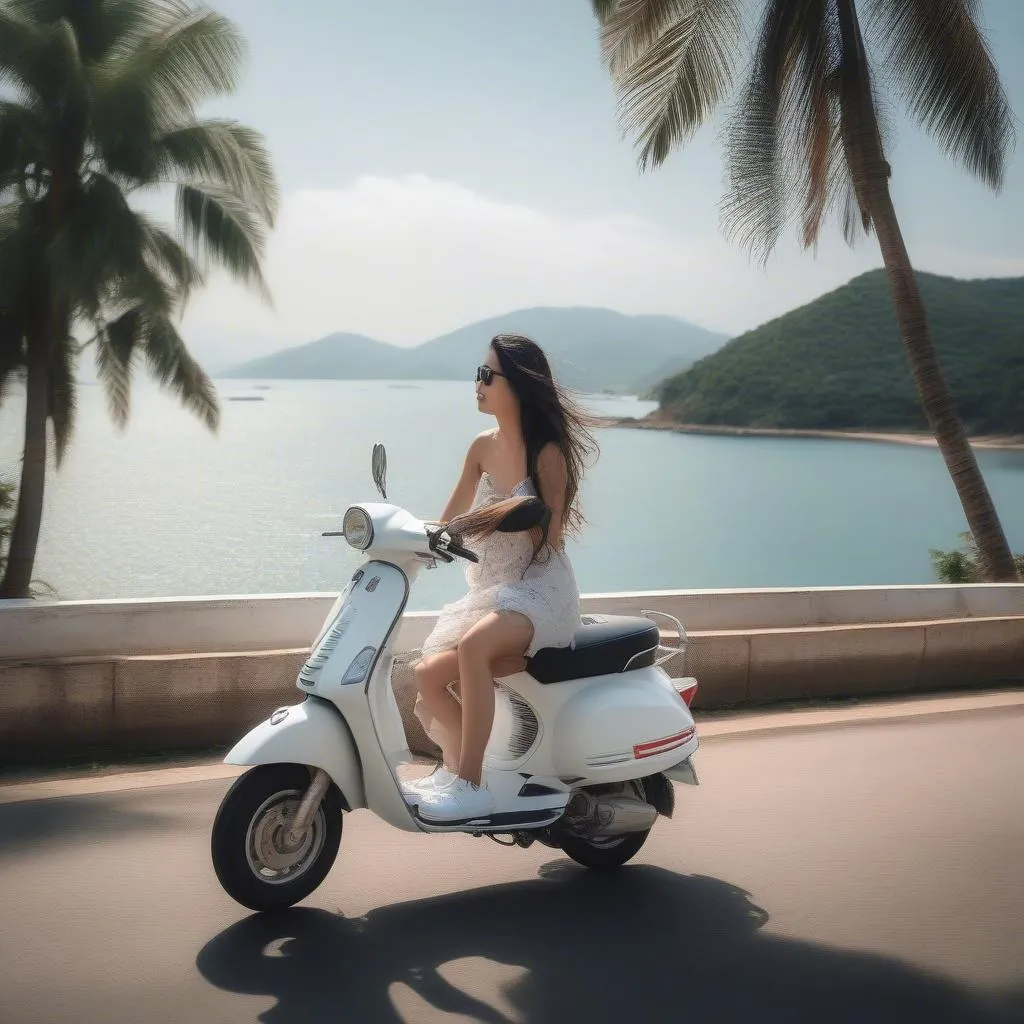 Cô gái đi xe Vespa ven biển Nha Trang