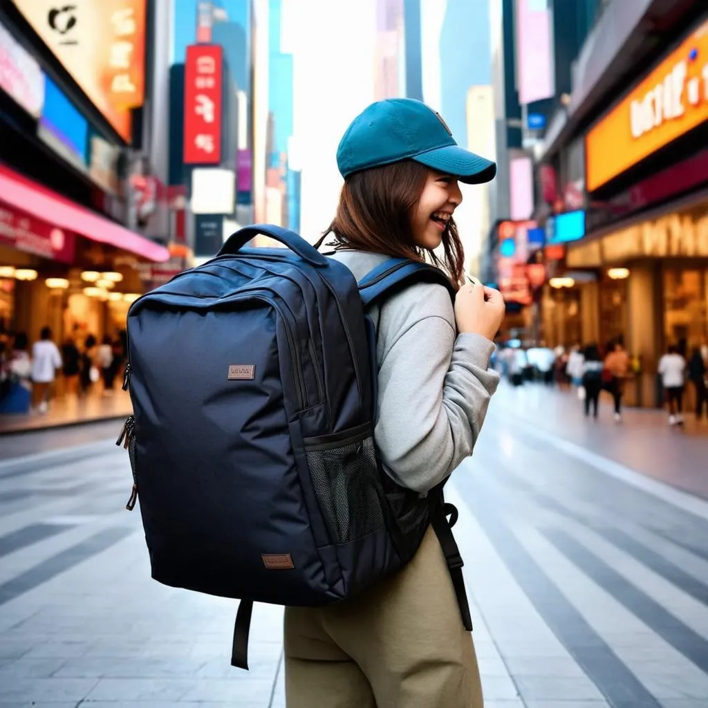 Woman using a travel backpack