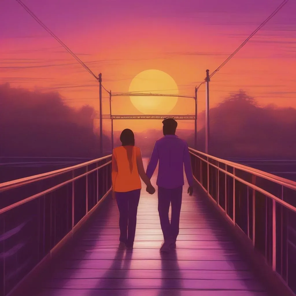 Couple walking on bridge