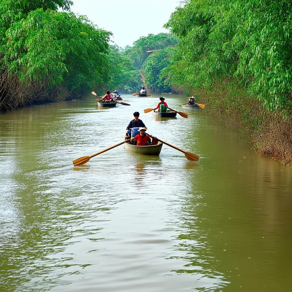 Tourists rowing boats on Saigon river