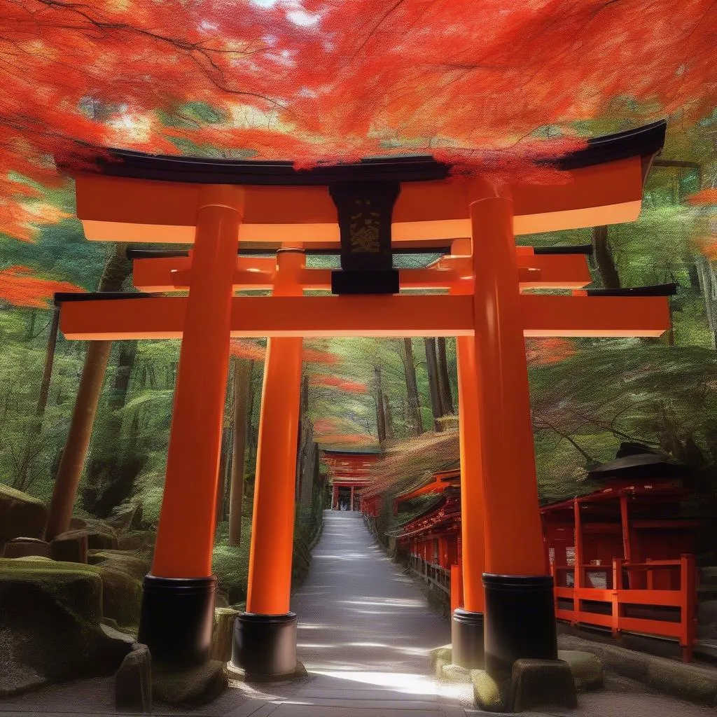 Đền Fushimi Inari với hàng nghìn cổng Torii đỏ rực ở Kyoto, Nhật Bản