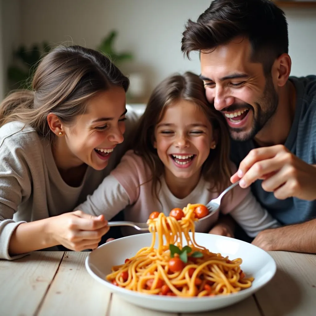 Gia đình quây quần bên món spaghetti xúc xích