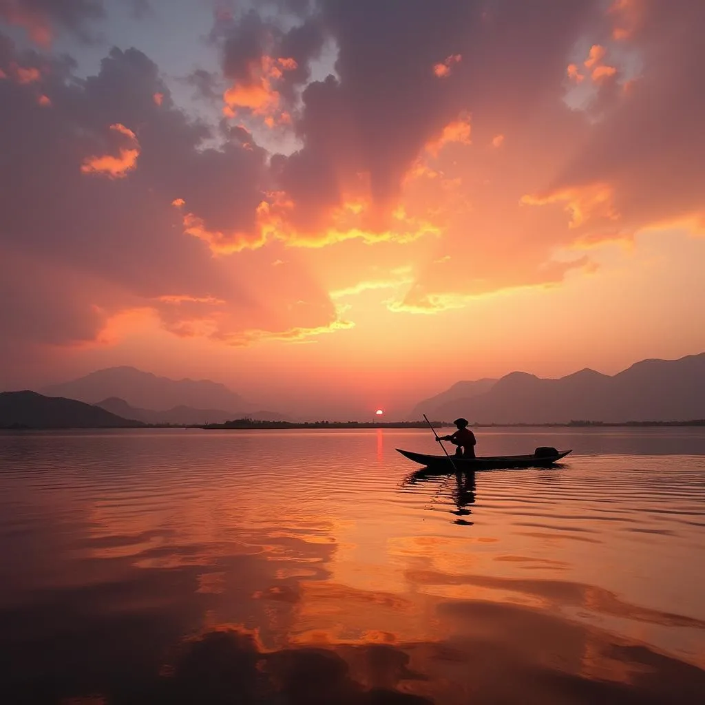 Khung cảnh hoàng hôn trên hồ Inle